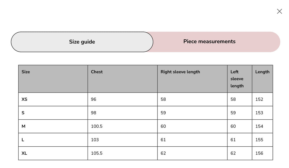 جدول المقاسات